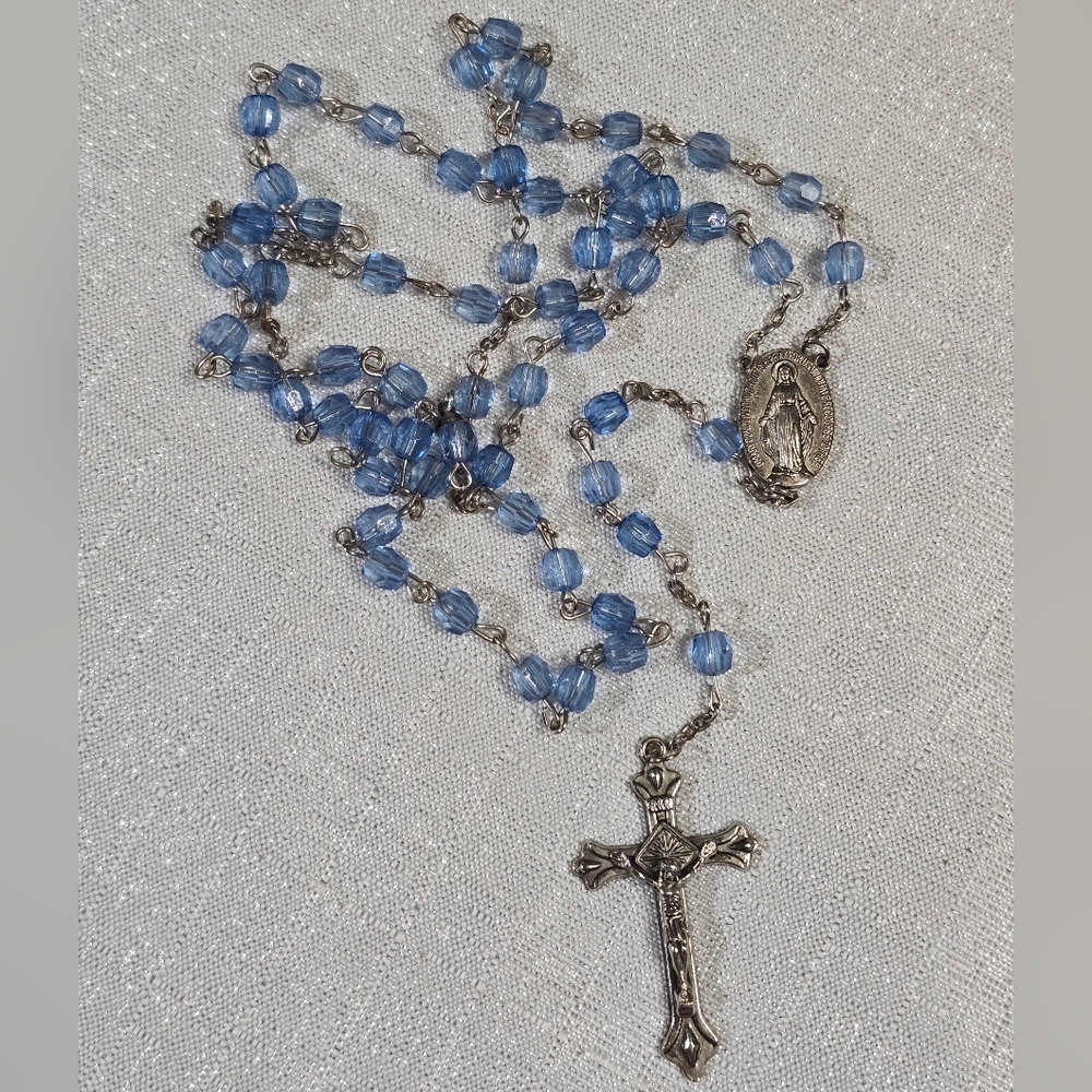 Vintage Light Blue Beaded Miraculous Medal Rosary with Silver Cross